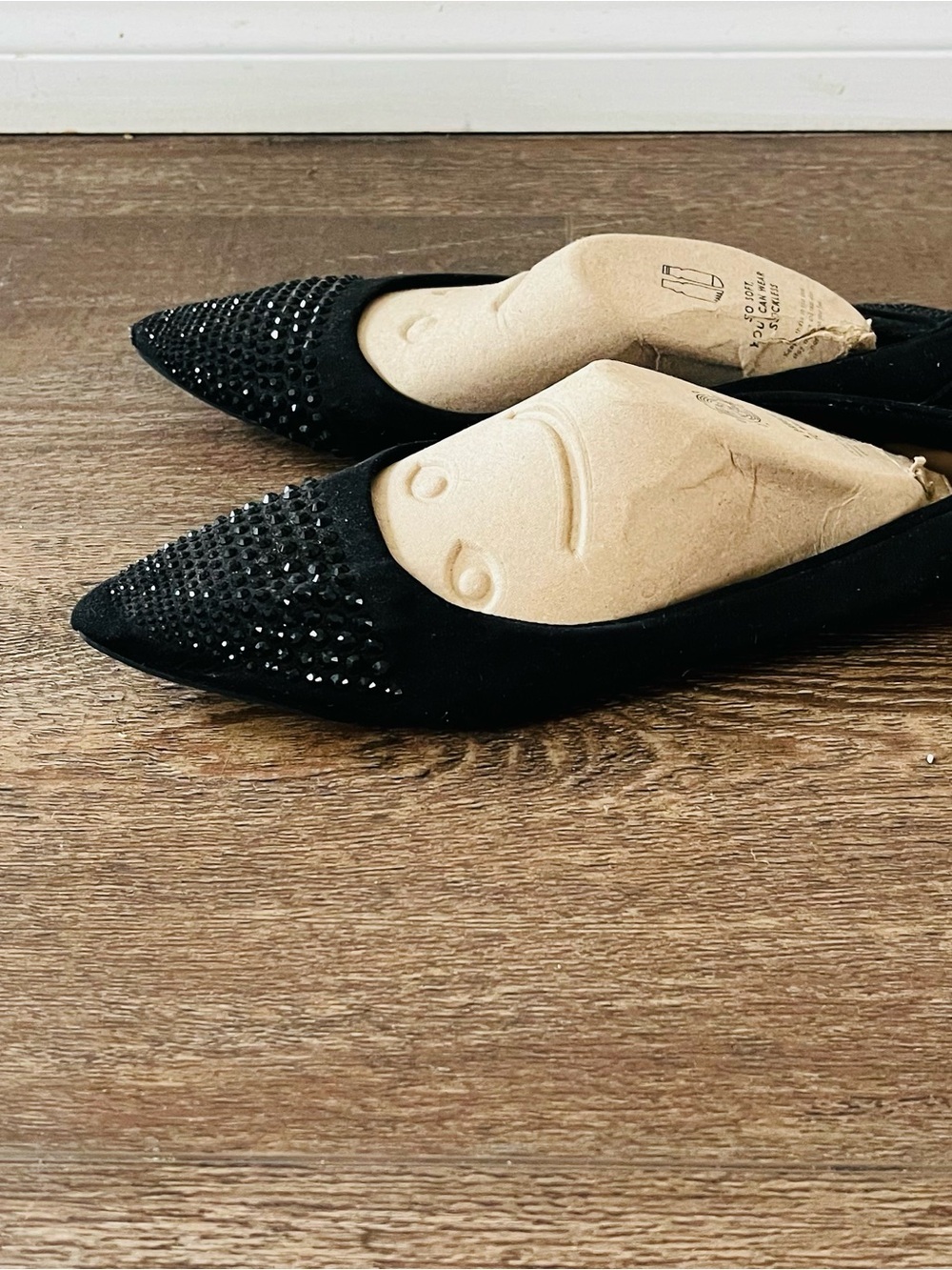 BAMBOO Black Pointed Toe Flats with Rhinestone Accent